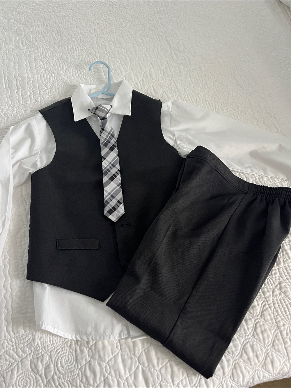 Boys Black Vest & Pants Formal Set with White Shirt and Plaid Tie